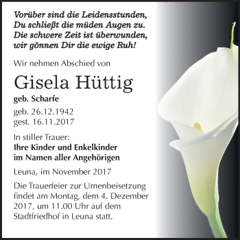 Traueranzeige von Gisela Hüttig von Mitteldeutsche Zeitung Merseburg/Querfurt