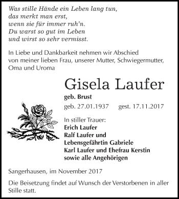 Traueranzeige von Gisela Laufer von Super Sonntag SGH Mansf. Land