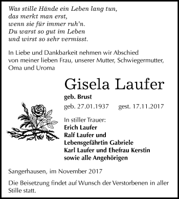 Traueranzeige von Gisela Laufer von Mitteldeutsche Zeitung Sangerhausen