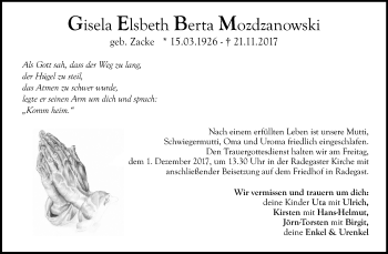 Traueranzeige von Gisela Elsbeth Berta Mozdzanowski von Mitteldeutsche Zeitung Köthen