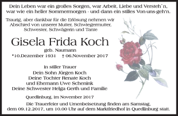 Traueranzeige von Gisela Frida Koch von WVG - Wochenspiegel Quedlinburg