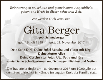 Traueranzeige von Gita berger von WVG - Wochenspiegel Dessau / Köthen