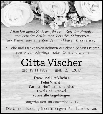 Traueranzeige von Gitta Vischer von Super Sonntag SGH Mansf. Land