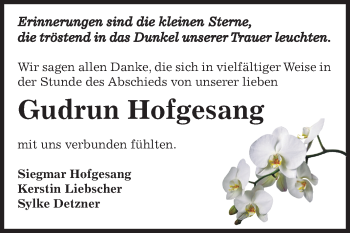 Traueranzeige von Gudrun Hofgesang von Mitteldeutsche Zeitung Bernburg