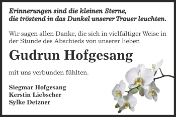 Traueranzeige von Gudrun Hofgesang von Super Sonntag Bernburg