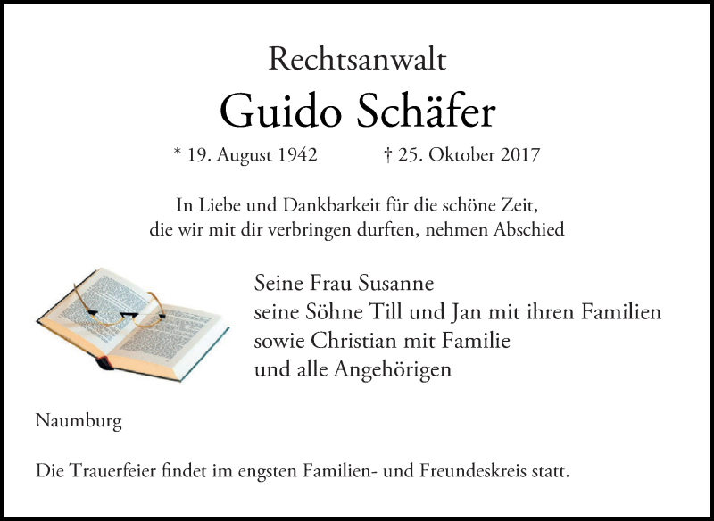  Traueranzeige für Guido Schäfer vom 01.11.2017 aus WVG - Wochenspiegel NMB / WSF / ZTZ