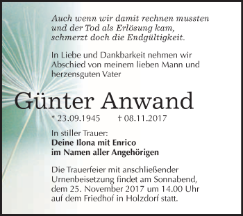 Traueranzeige von Günter Anwand von WVG - Wochenspiegel Wittenberg