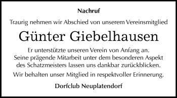 Traueranzeige von Günter Giebelhausen von Mitteldeutsche Zeitung Quedlinburg