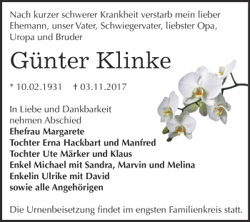 Traueranzeige von Günter Klinke von Super Sonntag Bernburg