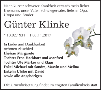 Traueranzeige von Günter Klinke von Mitteldeutsche Zeitung Bernburg