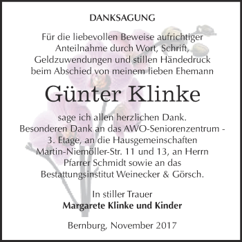 Traueranzeige von Günter Klinke von Super Sonntag Bernburg