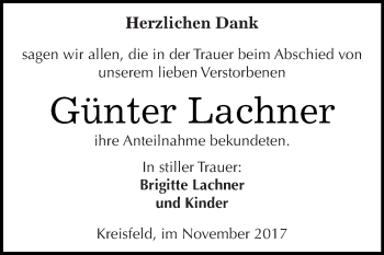 Traueranzeige von Günter Lachner von Wochenspiegel Mansfelder Land