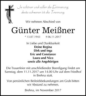 Traueranzeige von Günter Meißner von Mitteldeutsche Zeitung Bitterfeld