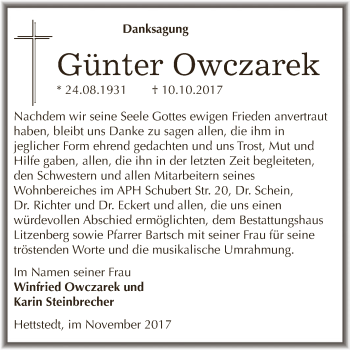 Traueranzeige von Günter Owczarek von Super Sonntag SGH Mansf. Land