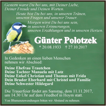 Traueranzeige von Günter Polotzek von Super Sonntag Aschersleben
