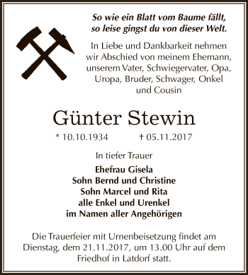 Traueranzeige von Günter Stewin von Super Sonntag Bernburg