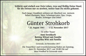 Traueranzeige von Günter Strohkorb von WVG - Wochenspiegel Quedlinburg