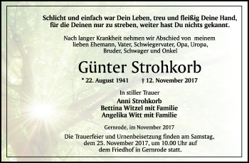 Traueranzeige von Günter Strohkorb von Mitteldeutsche Zeitung Quedlinburg