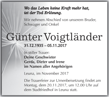 Traueranzeige von Günter Voigtländer von Super Sonntag Merseburg