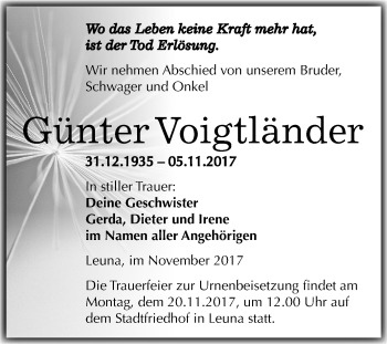Traueranzeige von Günter Voigtländer von Mitteldeutsche Zeitung Merseburg/Querfurt