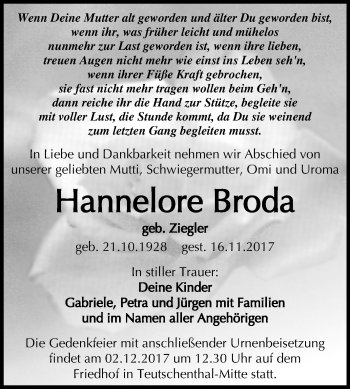 Traueranzeige von Hannelore Broda von Mitteldeutsche Zeitung Halle/Saalkreis