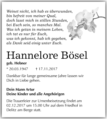 Traueranzeige von Hannelore Bösel von Mitteldeutsche Zeitung Merseburg/Querfurt