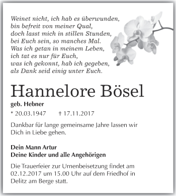 Traueranzeige von Hannelore Bösel von WVG - Wochenspiegel Halle