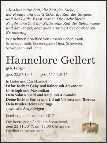 Traueranzeige von Hannelore Gellert von WVG - Wochenspiegel Wittenberg