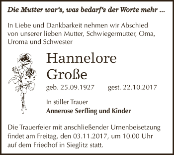 Traueranzeige von Hannelore Große von WVG - Wochenspiegel NMB / WSF / ZTZ