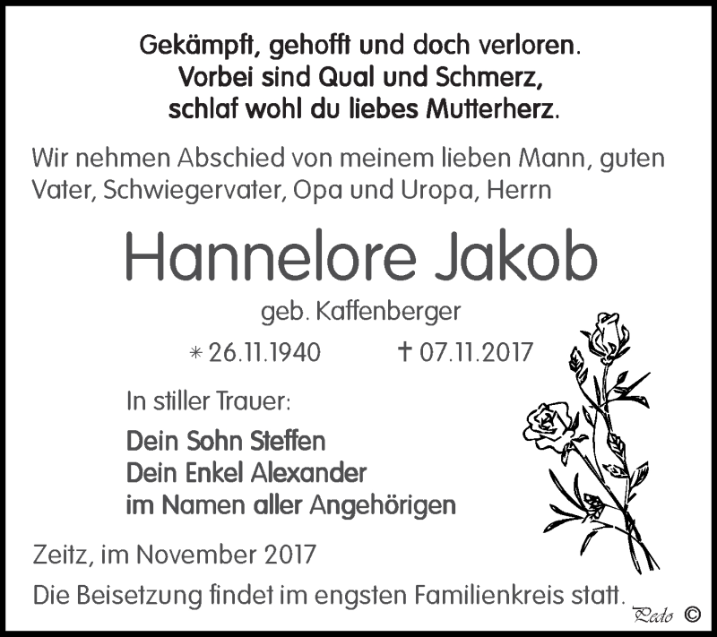  Traueranzeige für Hannelore Jakob vom 18.11.2017 aus Super Sonntag Zeitz