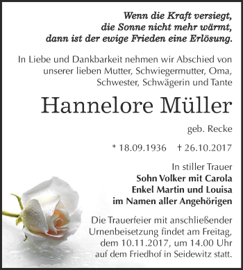 Traueranzeige von Hannelore Müller von WVG - Wochenspiegel NMB / WSF / ZTZ