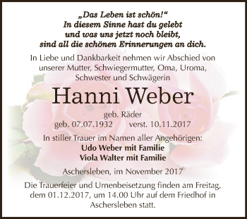 Traueranzeige von Hanni Weber von Super Sonntag Aschersleben
