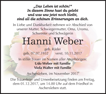 Traueranzeige von Hanni Weber von Mitteldeutsche Zeitung Aschersleben