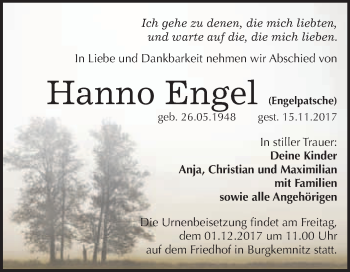 Traueranzeige von Hanno Engel von WVG - Wochenspiegel Bitterfeld