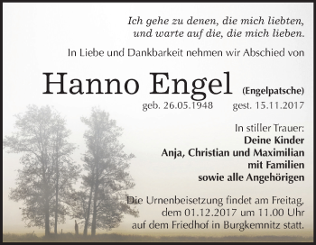 Traueranzeige von Hanno Engel von Mitteldeutsche Zeitung Bitterfeld