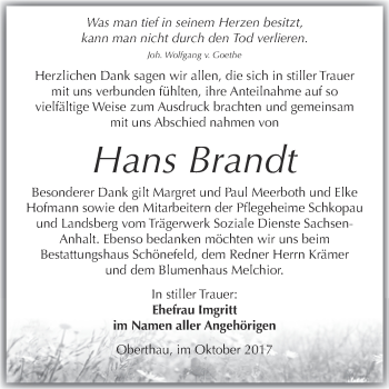 Traueranzeige von Hans Brandt von Super Sonntag Merseburg