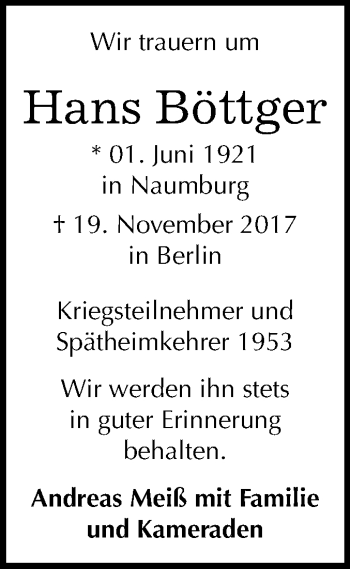 Traueranzeige von Hans Böttger von Mitteldeutsche Zeitung