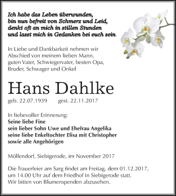 Traueranzeige von Hans Dahlke von Mitteldeutsche Zeitung