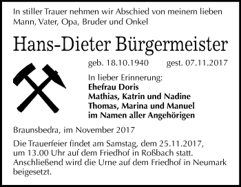 Traueranzeige von Hans-Dieter Bürgermeister von Mitteldeutsche Zeitung Merseburg/Querfurt