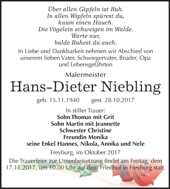 Traueranzeige von Hans-Dieter Niebling von Mitteldeutsche Zeitung