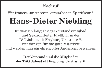 Traueranzeige von Hans-Dieter Niebling von WVG - Wochenspiegel NMB / WSF / ZTZ