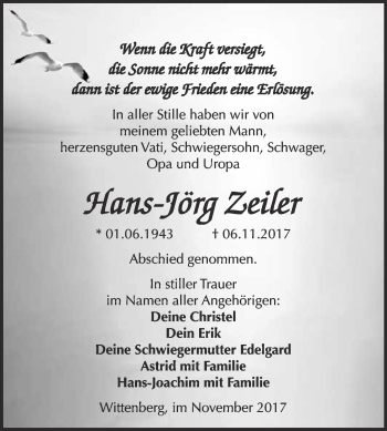 Traueranzeige von Hans-Jörg Zeiler von WVG - Wochenspiegel Wittenberg