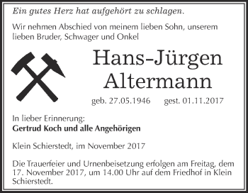 Traueranzeige von Hans-Jürgen Altermann von Super Sonntag Aschersleben