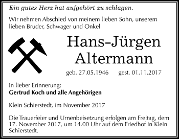 Traueranzeige von Hans-Jürgen Altermann von Mitteldeutsche Zeitung Aschersleben