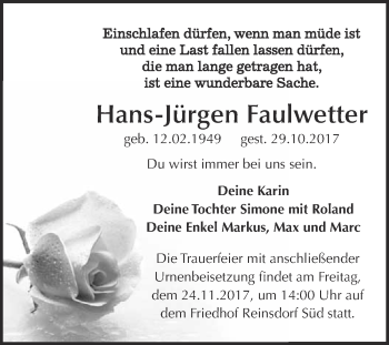 Traueranzeige von Hans-Jürgen Faulwetter von Super Sonntag Wittenberg