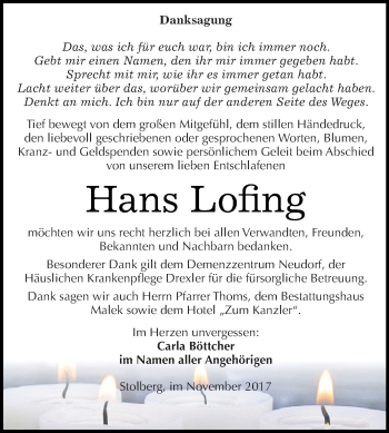 Traueranzeige von Hans Lofing von Super Sonntag SGH Mansf. Land