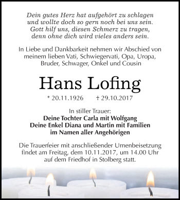 Traueranzeige von Hans Lofing von Super Sonntag SGH Mansf. Land