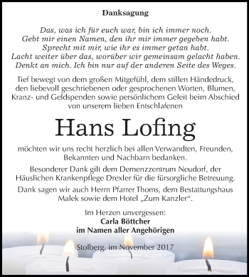 Traueranzeige von Hans Lofing von Mitteldeutsche Zeitung