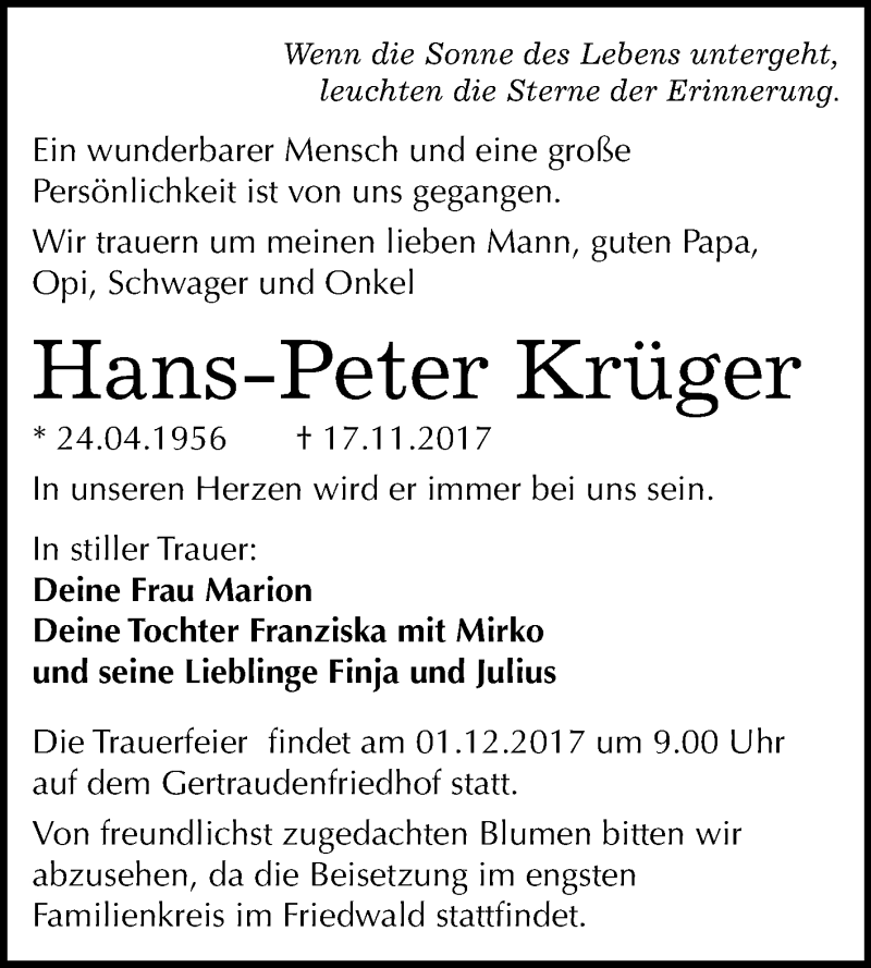  Traueranzeige für Hans-Peter Krüger vom 25.11.2017 aus Mitteldeutsche Zeitung Halle/Saalkreis