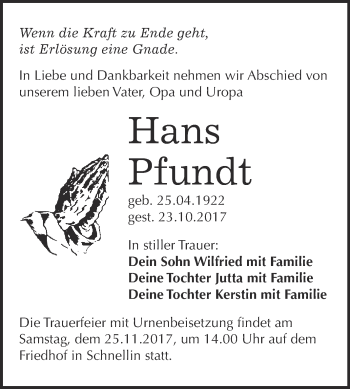 Traueranzeige von Hans Pfundt von WVG - Wochenspiegel Bitterfeld